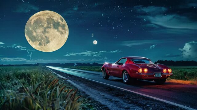 A classic red car parked on an empty road, surrounded by a serene landscape under a bright full moon and twinkling stars