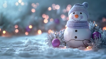 Obraz premium Christmas card background with purple snowman decor using branches cones lights ornaments decorations on blurred bokeh holiday backdrop for product mockup and text. Extra space for copy.