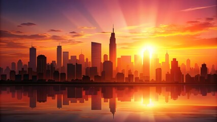 Cityscape Reflected in Water at Sunrise, city, skyline, sunrise, reflection