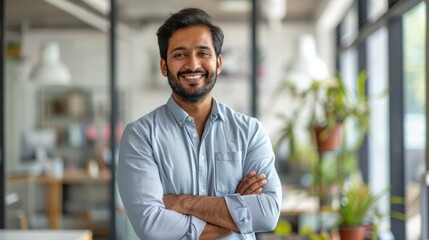 Fototapeta premium Happy Indian businessman professional leader standing arms crossed in office. Smiling male employee, business man company executive manager, confident eastern entrepreneur at work, Generative AI