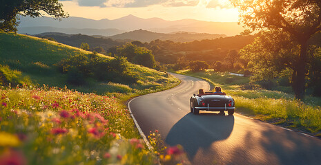 A couple is driving a convertible car down a winding road with a beautiful view