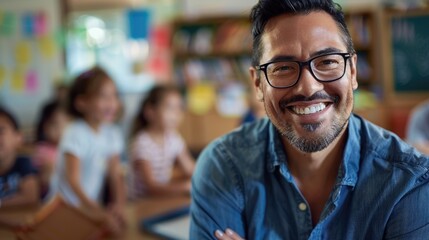 Handsome male teacher in glasses smiling and looking into camera at elementary school with children at the blurred background