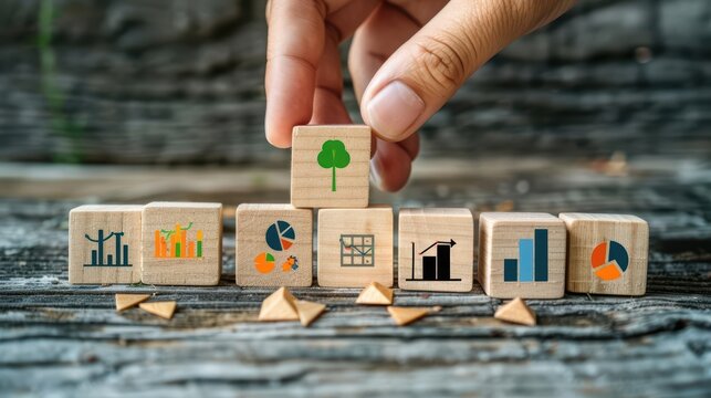 Hand arranging wooden blocks with various business icons on rustic table, representing growth and success in business analytics. - Powered by Adobe