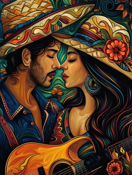 A vibrant, artistic depiction of a romantic couple wearing colorful hats, with the man playing a guitar, capturing a passionate and cultural scene filled with rich details and bold colors.
