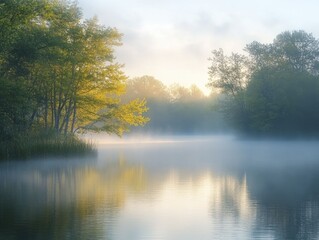 Obraz premium Gentle morning mist blankets a tranquil lake, providing a peaceful setting for contemplation and solace.