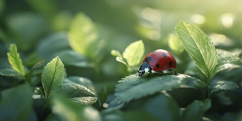 Strolling through lush vegetation, a ladybug graces the scene, showcasing nature's delicate details.