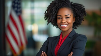 Confident young politician smiling with american flag in background