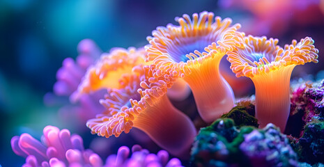 Obraz premium A group of orange and pink flowers are on a rock