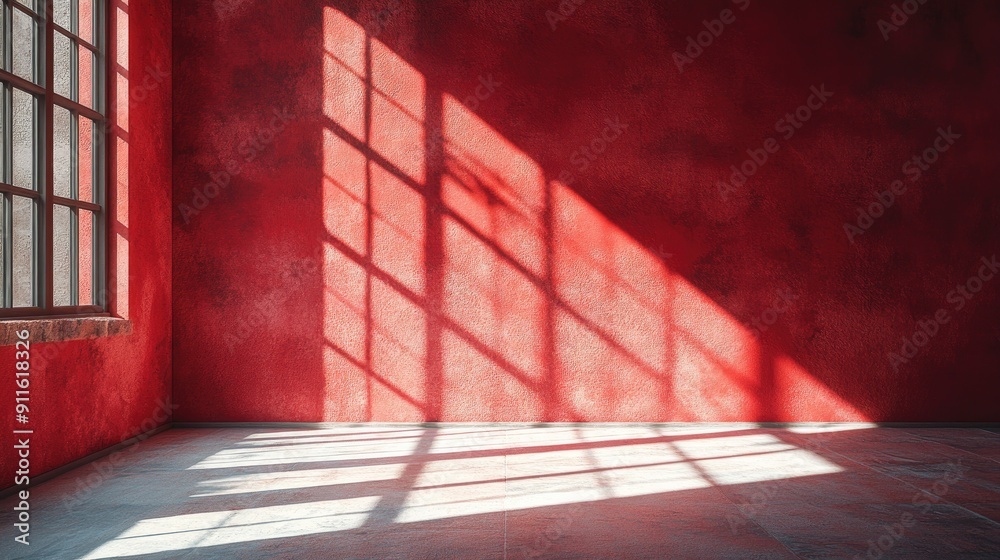 Poster sunlight casting geometric shadows on a red wall in an empty room