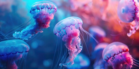 Obraz premium Jellyfish in shades of blue and pink swimming in the aquarium