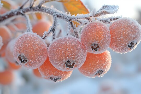 Branch of vibrant red berries covered in frost on a sunny winter day