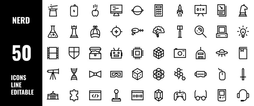 50 Nerd Icons Set Line Editable Vector Illustration