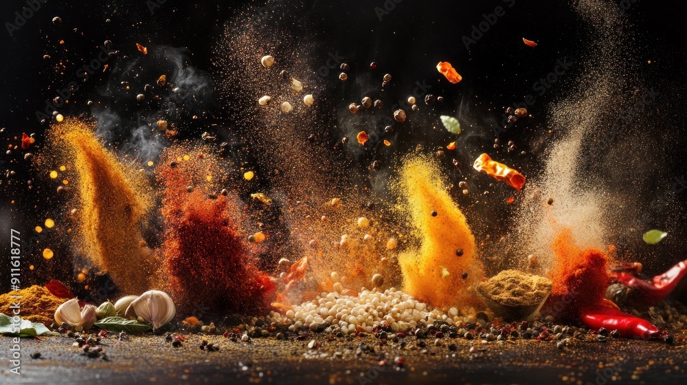 Wall mural spices exploding in the air on a dark background.capturing dynamic motion and energetic spirit of cu