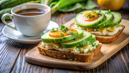 Cucumber and Cream Cheese Open-Faced Sandwiches with Coffee, food, breakfast, snack, recipe