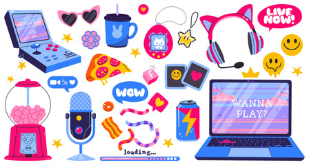 Set of Video game stickers. Gamer stickers with pixel icons, cartoon flat style. Vector gaming modern elements: game console, controller, headphones, energy drink. Streamer stickers isolated