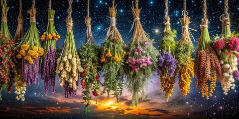 Fototapeta premium Dried Flower Bouquets Hanging Against a Starry Sky, dried flowers, floral arrangement, night sky, celestial, stars
