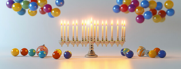 wide background cover of celebrating menorahs with decorative candles lit and Hanukkah decorations on a table 