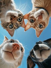 Fototapeta premium Cute cats and dog looking down at the camera under the blue sky