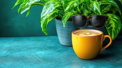 Cozy scene featuring a vibrant plant, sunglasses, and a warm cup of coffee on a textured table, perfect for relaxation.
