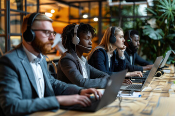 In their office, a multi-ethnic group of IT professionals works together, helping customers online and using computers to accomplish their tasks