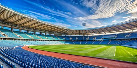 Empty Stadium Seats Facing the Field, Wide Angle, Bright Blue Sky, Grass and Running Track, Sports , Stadium, Soccer
