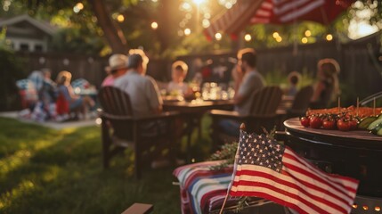 American flag on a patio full of guests enjoying a Memorial Day barbecue, children playing in the background. American family and friends celebrating the 4th of July, Independence Day. Copy space.