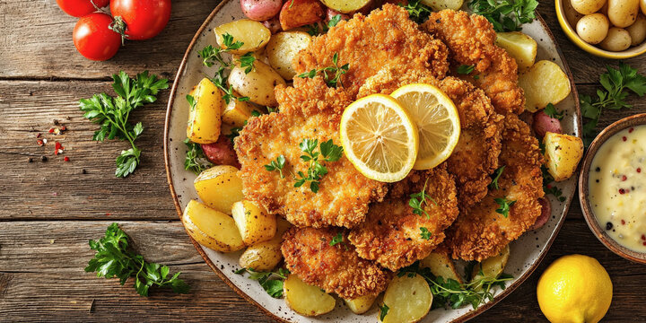 Plato de ceramica posado en una mesa de madera rustica visto desde arriba, con suculento pollo rebozado con pan crujiente, lim&oacute;n y patatas y tomates frescos, adornado con perejil