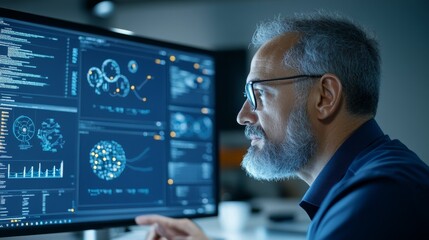 Man Analyzing Complex Data on Monitor