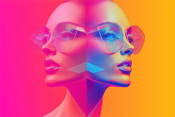 Surreal double portrait with holographic eyewear for Y3K aesthetic beauty trends, futuristic identity concepts and next-gen augmented reality interface designs