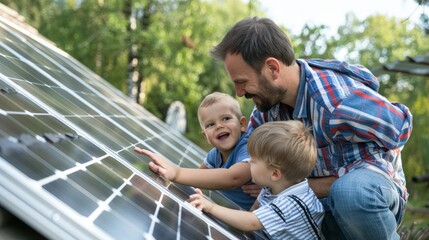 Father carrying son outdoors and pointing on solar panel on the roof