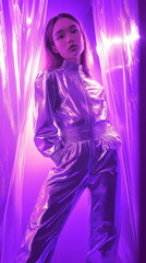 Fototapeta premium Ethereal portrait of woman in shimmering outfit surrounded by translucent curtains for Y3K aesthetic fashion editorials, futuristic textile showcases and next-generation virtual reality experiences