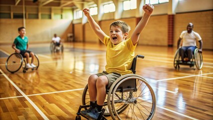 Group of children playing basketball in a gymnasium, with a focus on a joyful child in a wheelchair, raising arms in victory. The image promotes inclusivity, determination, and the joy of sports
