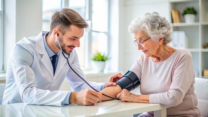 Fototapeta premium Young male doctor measuring the blood pressure of a smiling elderly woman in a light, modern medical office. The image conveys themes of healthcare, trust, and the caring relationship between doctor a