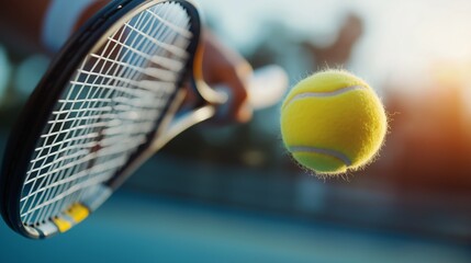 Close-up shot of a tennis racket hitting a tennis ball mid-air, with blurred background and sunlight, showcasing sports action and precision.