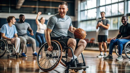 Group of men playing basketball in a gymnasium, with a focus on a joyful child in a wheelchair, raising arms in victory. The image promotes inclusivity, determination, and the joy of sports