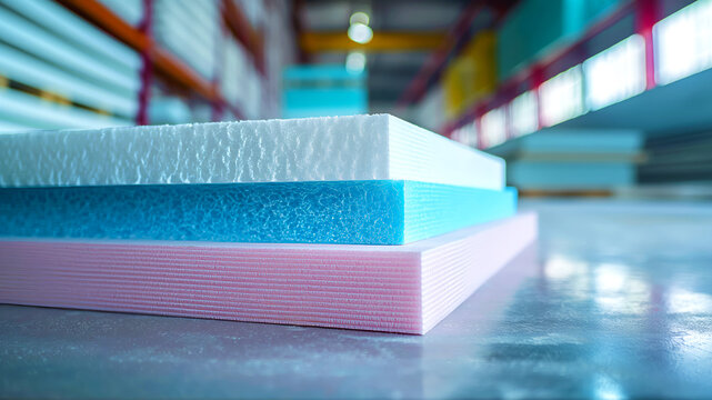 Stack of extruded polystyrene sheets or XPS in industrial warehouse. Top sheet is white with coarse texture, middle one is blue with finer texture, and bottom one is pink, also finely textured