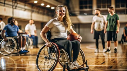 Group of children playing basketball in a gymnasium, with a focus on a joyful child in a wheelchair, raising arms in victory. The image promotes inclusivity, determination, and the joy of sports