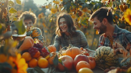Happy friends having fun outdoors. Young people enjoying harvest time together - Out door dinner concept