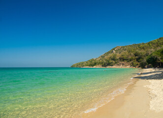 Fototapeta premium Horizon Landscape summer season panorama front view point tropical sea beach white sand clean and blue sky background calm nature ocean beautiful wave water travel at Sai Kaew Beach thailand holiday