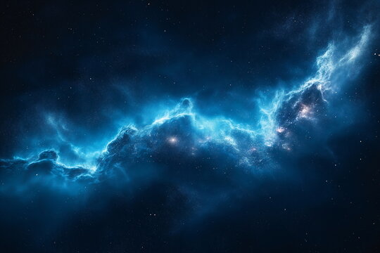 Y3K cosmic nebula visualization with vibrant blue energy clouds and starry background. Futuristic space exploration concept for astrophysics research, sci-fi artworks and cutting-edge visual effects