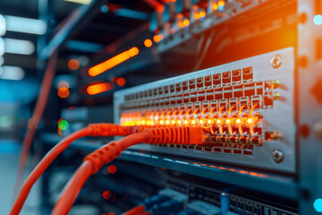 network hardware telecommunication technologies in server room close-up, selective focus