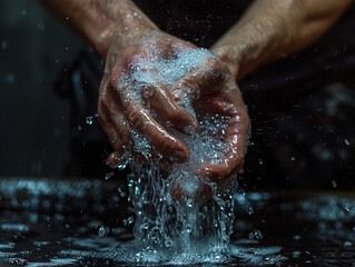 Fototapeta premium Hands Grasping Water Flowing Through Fingers in a Dark Environment