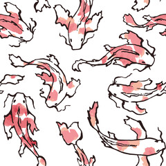 Koi Carp seamless Pattern. Vector illustrarion of japanese Fish with orange paint spots. Hand drawn style art of underwater animals in pond. Minimalism style outline print. For tablecloth and napkins