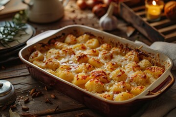 A baking dish filled with golden brown gnocchi, glistening with melted butter and cheese