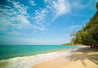 Beautiful Landscape summer panorama front view nobody  tropical sea beach white sand clean and blue sky mountain look calm nature ocean wave water travel day time at Sai Kaew Beach Thailand Chonburi