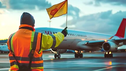 Close-up of a cargo airport worker waving signal flags to guide a cargo plane to its parking position on the tarmac, the precise ground handling ensuring safe and efficient logistics operations