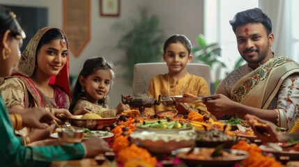 Obraz premium Photo of Indian happy family sits at a festive table with food