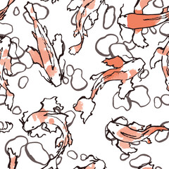 Koi Carp seamless Pattern. Vector illustrarion of japanese Fish with orange paint spots. Hand drawn style art of underwater animals in pond. Minimalism style outline print. For tablecloth and napkins