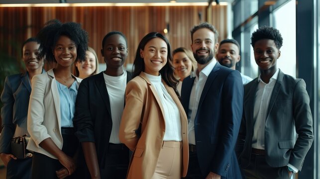 Photo of diverse group of leaders smiling, Successful business team gathered in a boardroom, young professional business people standing together