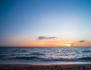 Fototapeta premium Landscape horizon viewpoint panorama summer shore sea beach nobody wind wave cool holiday look calm big sunset sky twilight evening on day time nature tropical coast beautiful ocean water travel